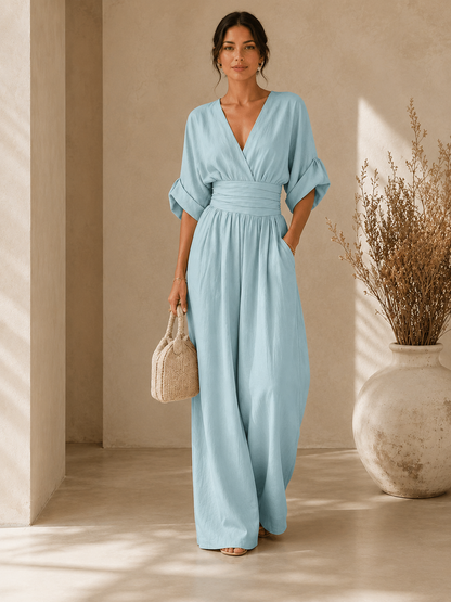 Women's Wide-Leg Linen Jumpsuit – Deep V-Neckline with Cinched Waist