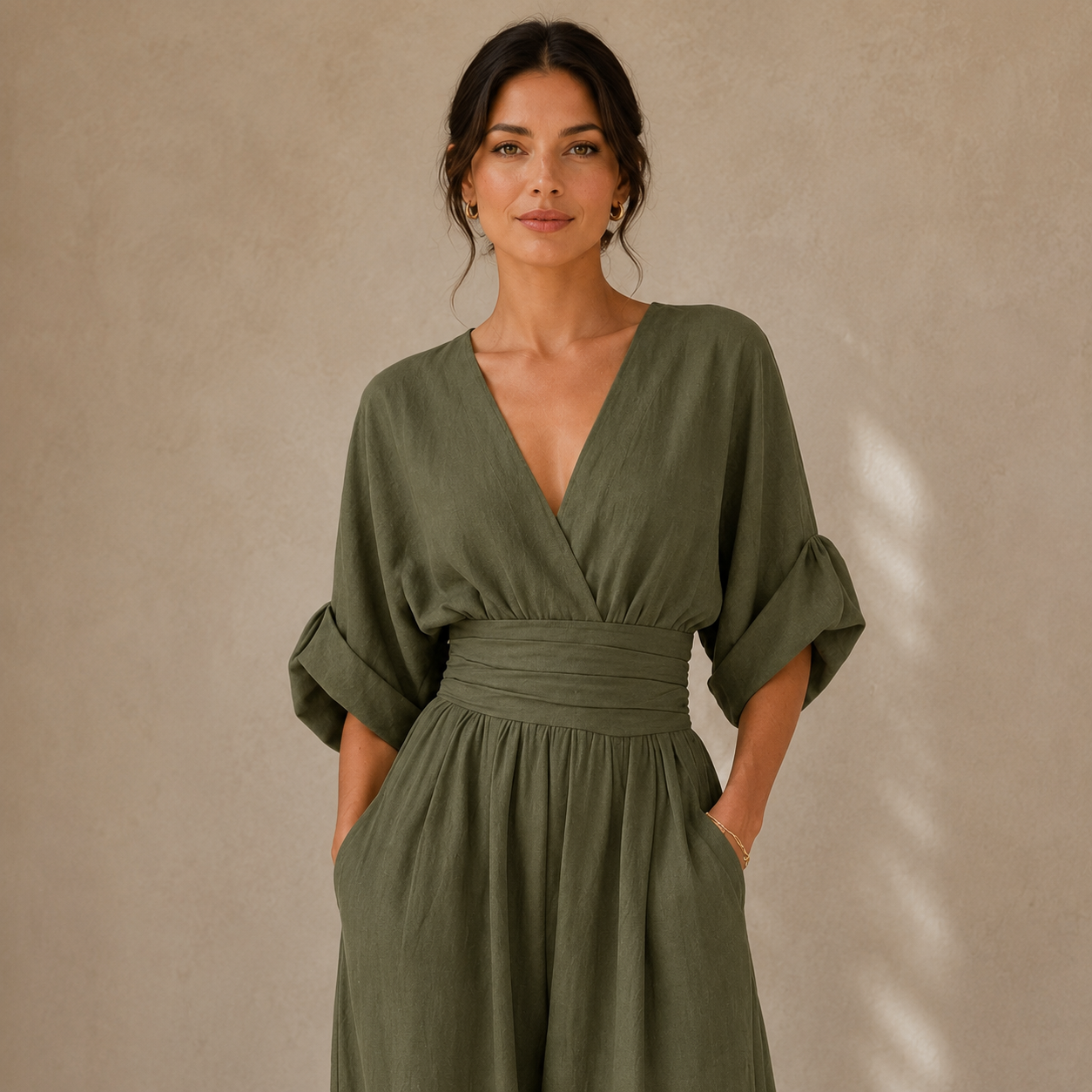 Women's Wide-Leg Linen Jumpsuit – Deep V-Neckline with Cinched Waist