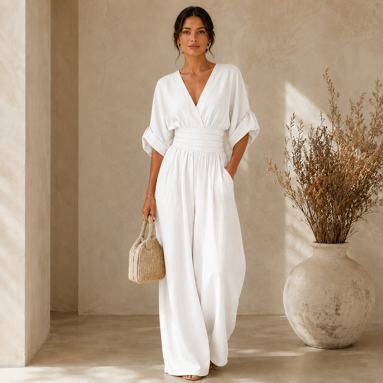 Women's Wide-Leg Linen Jumpsuit – Deep V-Neckline with Cinched Waist
