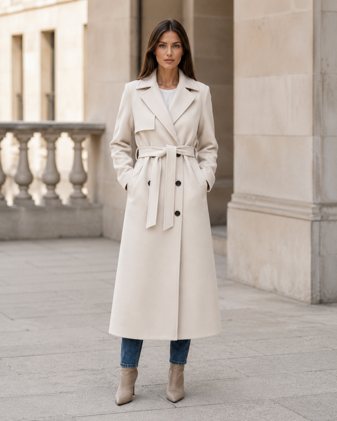 Women's Wool Double-Breasted Long Coat – Tailored Fit with Adjustable Waist