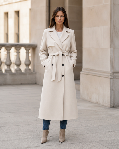 Women's Wool Double-Breasted Long Coat – Tailored Fit with Adjustable Waist
