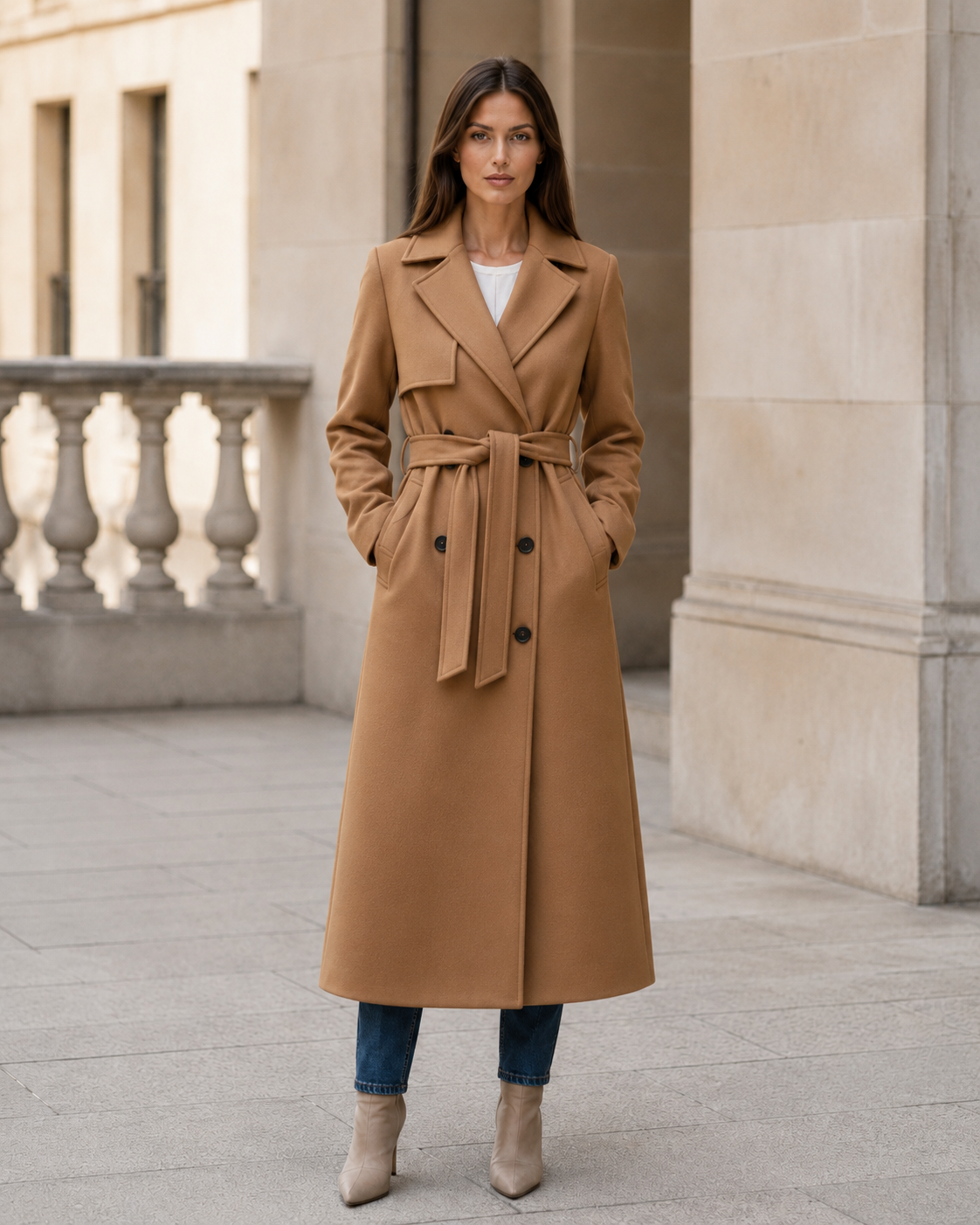 Women's Wool Double-Breasted Long Coat – Tailored Fit with Adjustable Waist