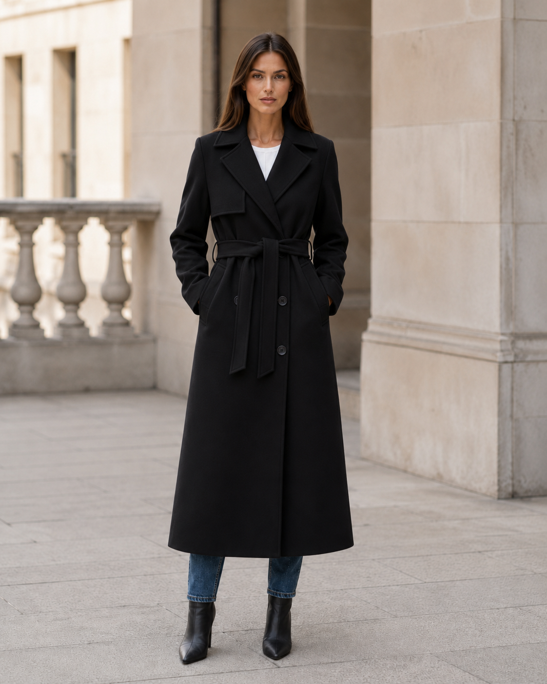 Women's Wool Double-Breasted Long Coat – Tailored Fit with Adjustable Waist