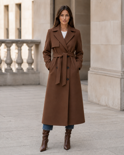 Women's Wool Double-Breasted Long Coat – Tailored Fit with Adjustable Waist
