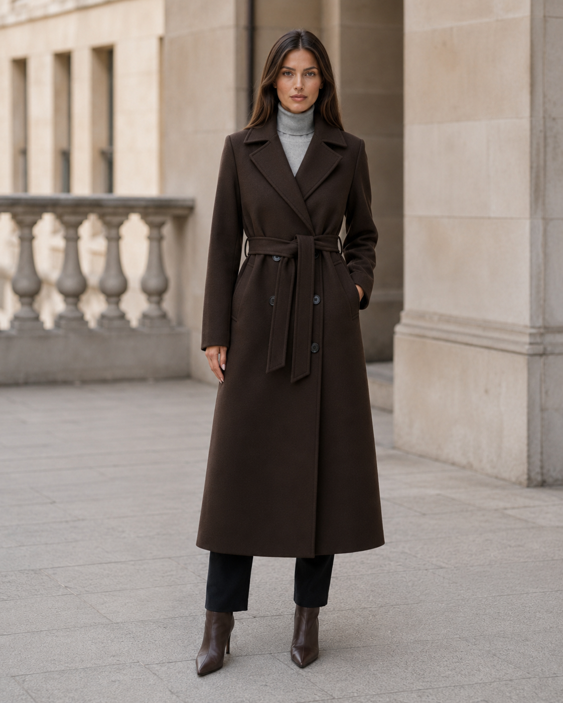 Women's Wool Double-Breasted Long Coat – Tailored Fit with Adjustable Waist