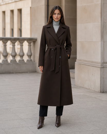 Women's Wool Double-Breasted Long Coat – Tailored Fit with Adjustable Waist