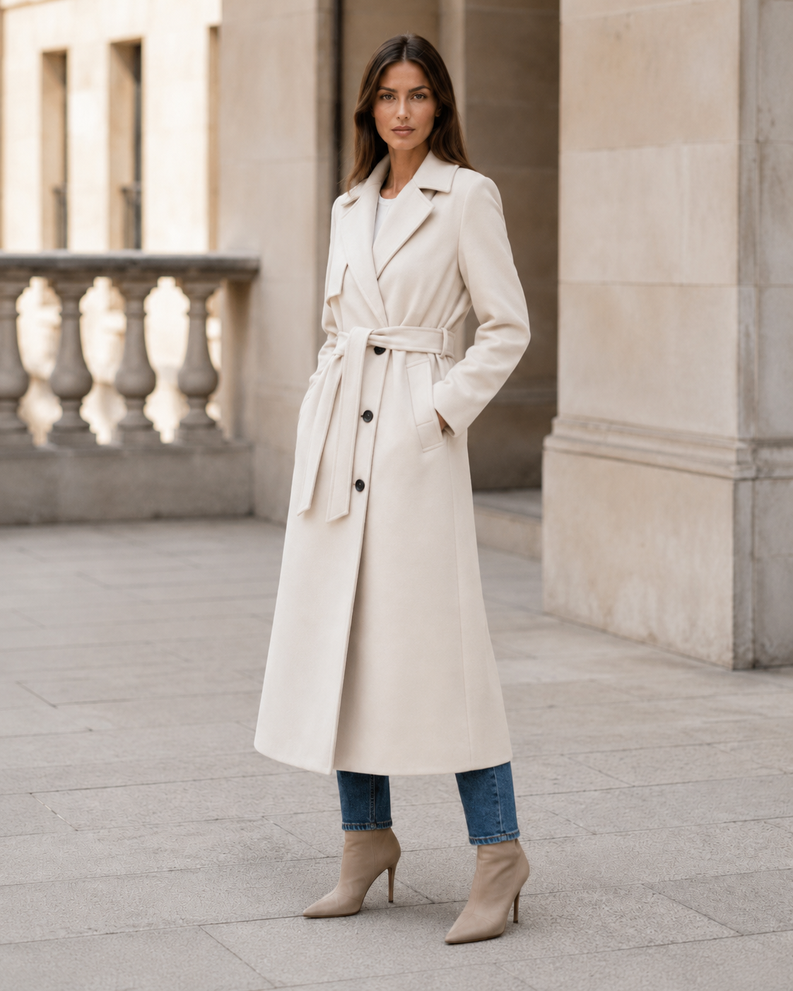 Women's Wool Double-Breasted Long Coat – Tailored Fit with Adjustable Waist