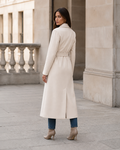Women's Wool Double-Breasted Long Coat – Tailored Fit with Adjustable Waist