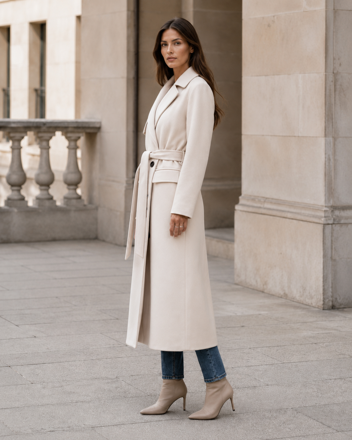 Women's Wool Double-Breasted Long Coat – Tailored Fit with Adjustable Waist