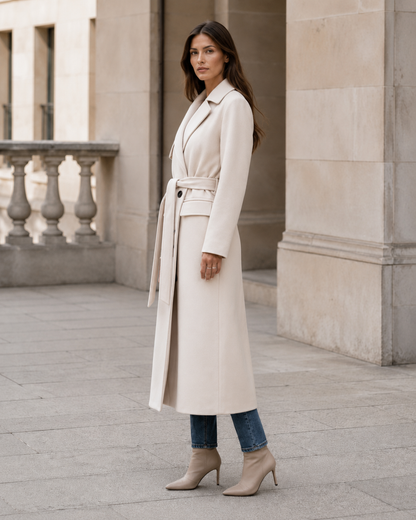 Women's Wool Double-Breasted Long Coat – Tailored Fit with Adjustable Waist