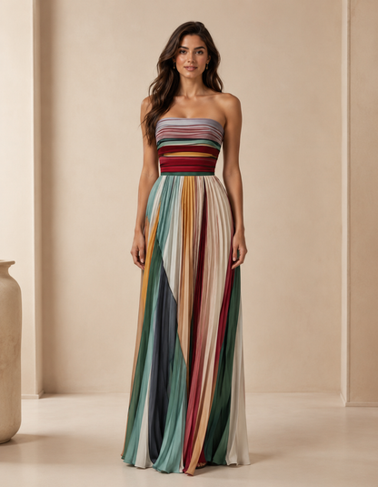 Women's Strapless Maxi Dress – Pleated Design with Multicolor Stripes
