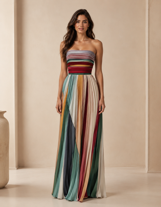 Women's Strapless Maxi Dress – Pleated Design with Multicolor Stripes