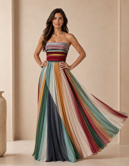 Women's Strapless Maxi Dress – Pleated Design with Multicolor Stripes
