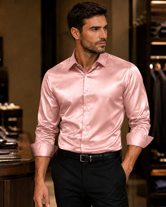 Men's Slim Fit Long Sleeve Satin Dress Shirt – Lapel Collar