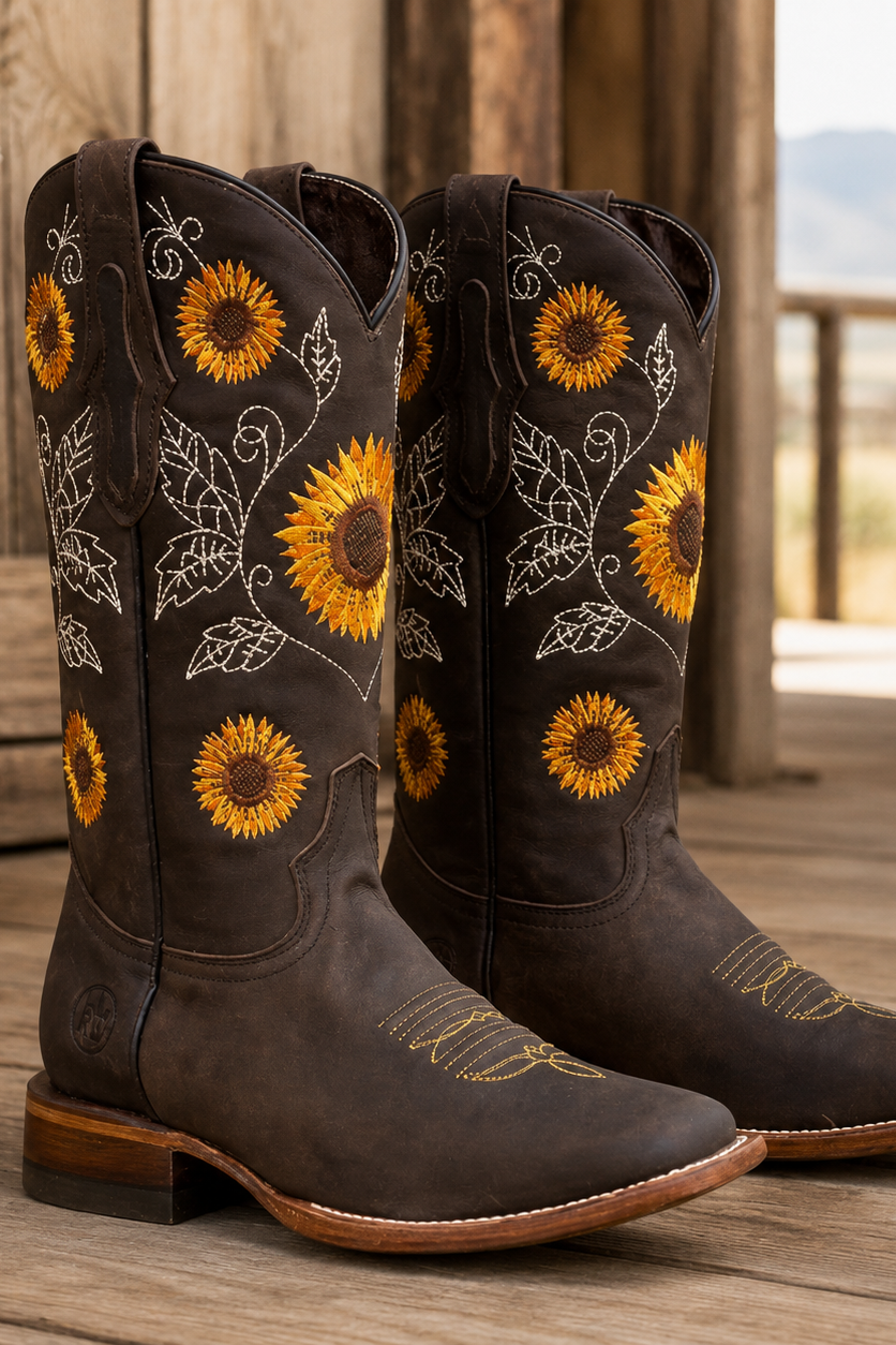 Women's Leather Cowgirl Boots – Floral Embroidery With Low Block Heel