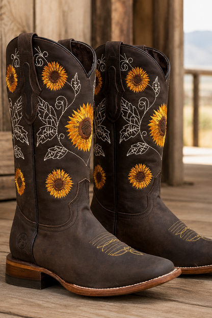Women's Leather Cowgirl Boots – Floral Embroidery With Low Block Heel