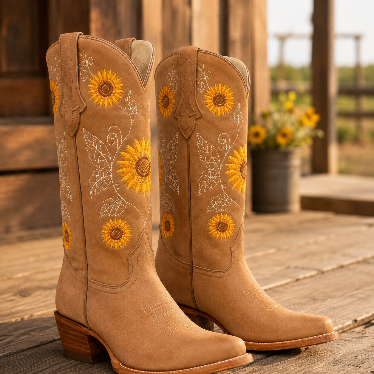 A pair of tan cowboy boots with embroidered yellow sunflowers and white floral details, displayed on a rustic wooden porch with a blurred background of flowers and a fence.