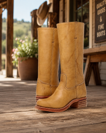 Women's Premium Leather Knee-High Cowgirl Boots – Tall Shaft Design with Stacked Block Heel
