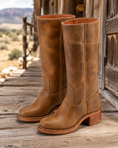 Women's Premium Leather Knee-High Cowgirl Boots – Tall Shaft Design with Stacked Block Heel