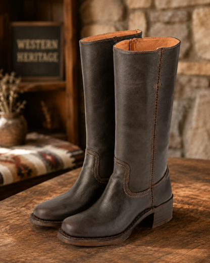 Women's Premium Leather Knee-High Cowgirl Boots – Tall Shaft Design with Stacked Block Heel
