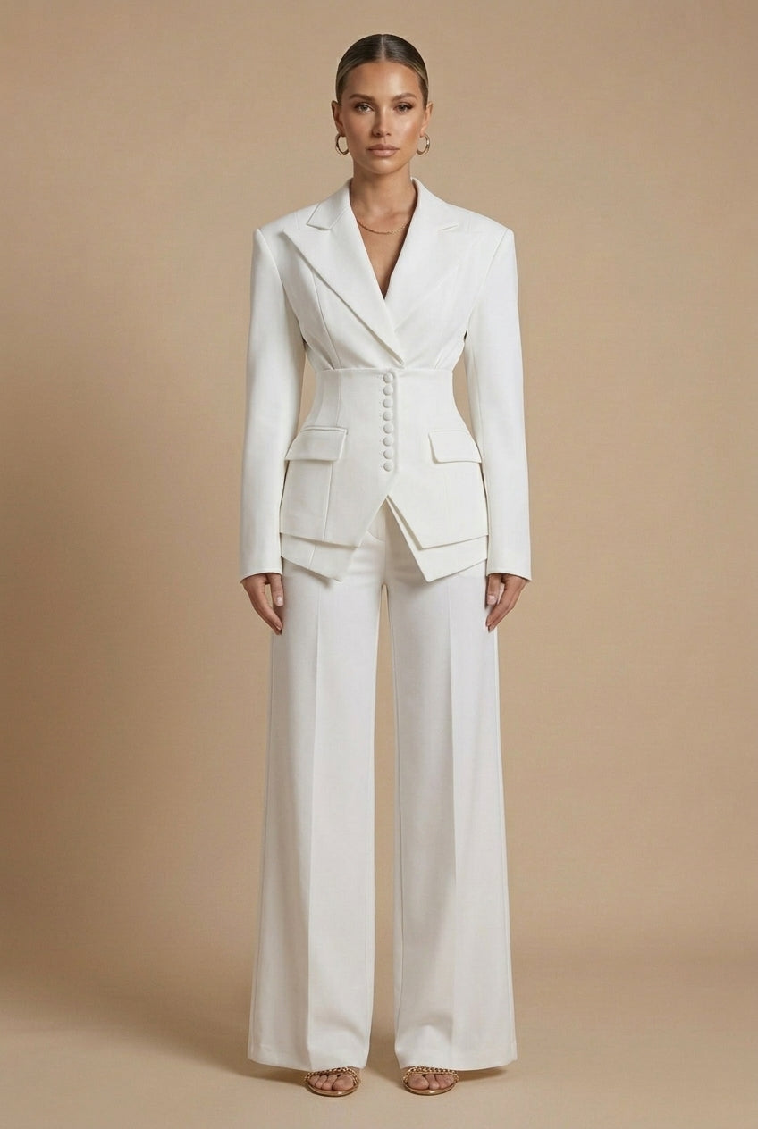 Women's Suit Set with Peaked Lapel Blazer & Wide-Leg Trousers