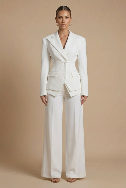 Women's Suit Set with Peaked Lapel Blazer & Wide-Leg Trousers