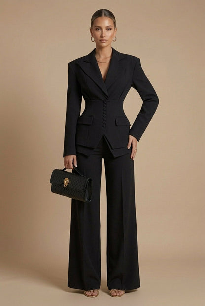 Women's Suit Set with Peaked Lapel Blazer & Wide-Leg Trousers