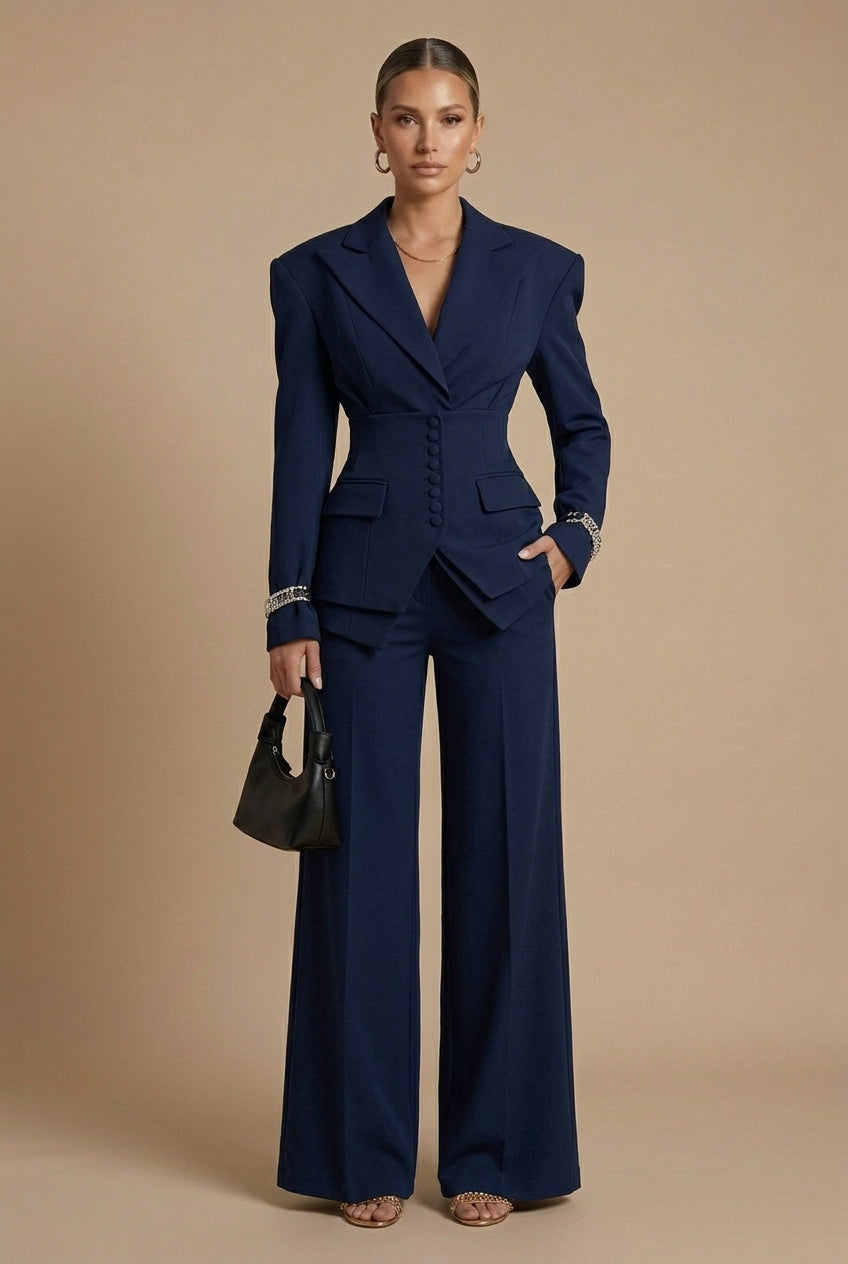 Women's Suit Set with Peaked Lapel Blazer & Wide-Leg Trousers