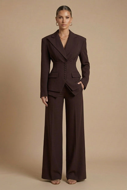 Women's Suit Set with Peaked Lapel Blazer & Wide-Leg Trousers