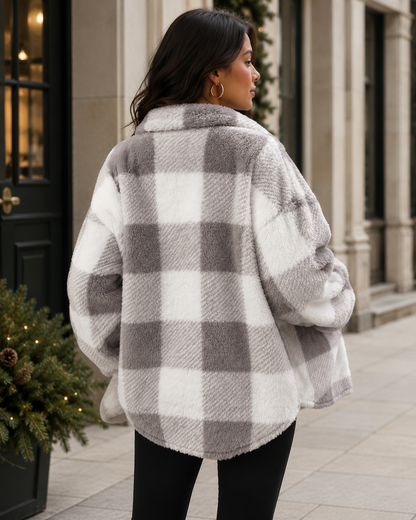 Women's Plaid Winter Jacket with Button-Up