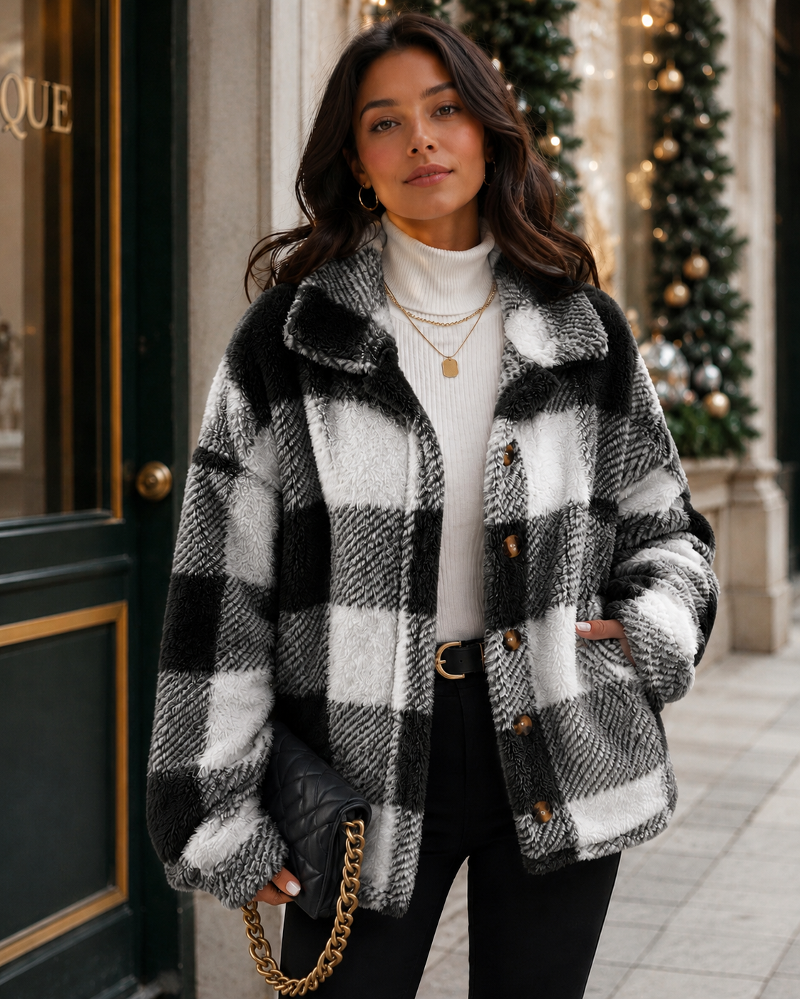 Women's Plaid Winter Jacket with Button-Up