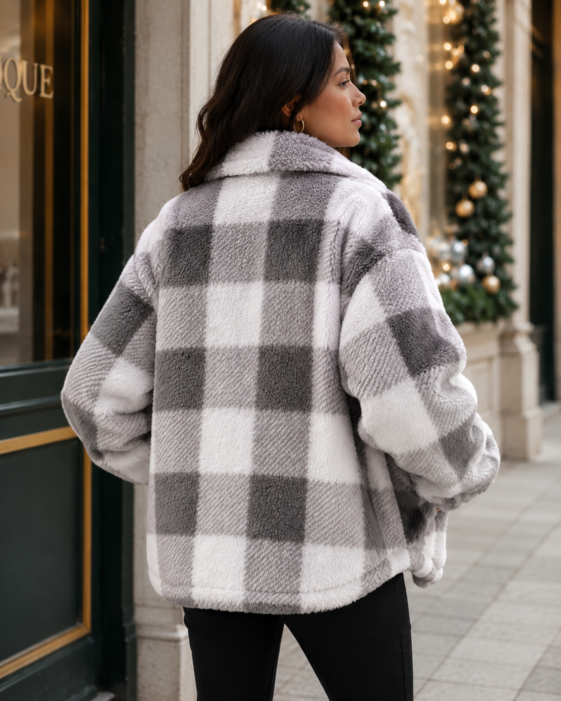Women's Plaid Winter Jacket with Button-Up