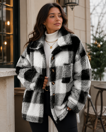 Women's Plaid Winter Jacket with Button-Up