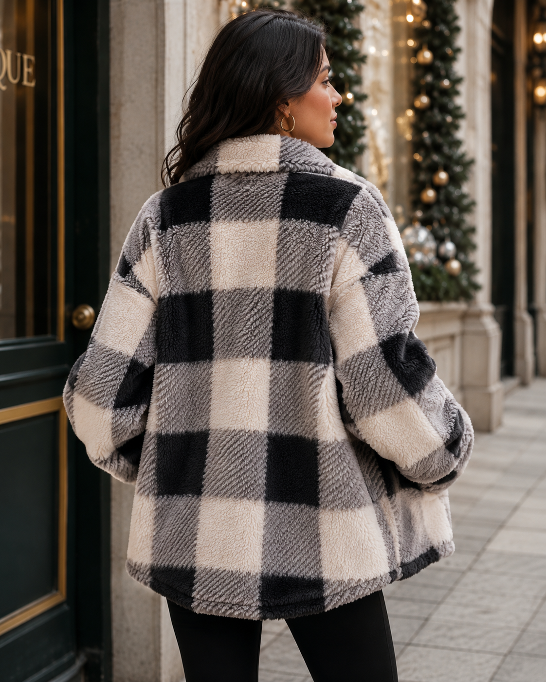 Women's Plaid Winter Jacket with Button-Up