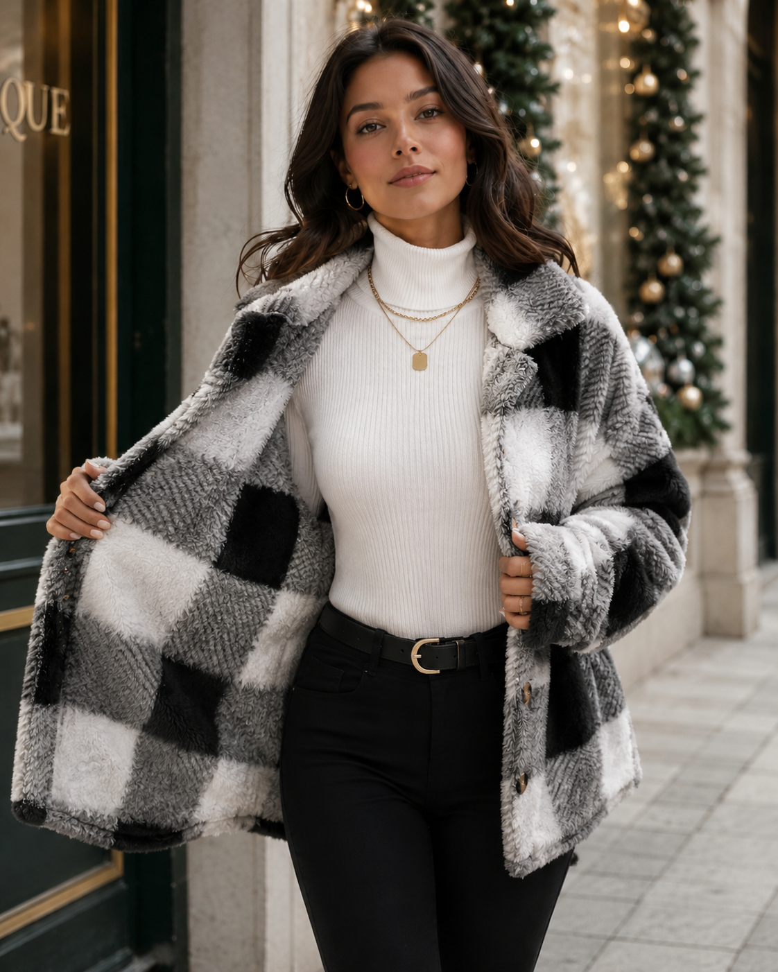 Women's Plaid Winter Jacket with Button-Up