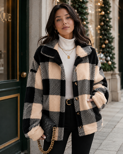 Women's Plaid Winter Jacket with Button-Up