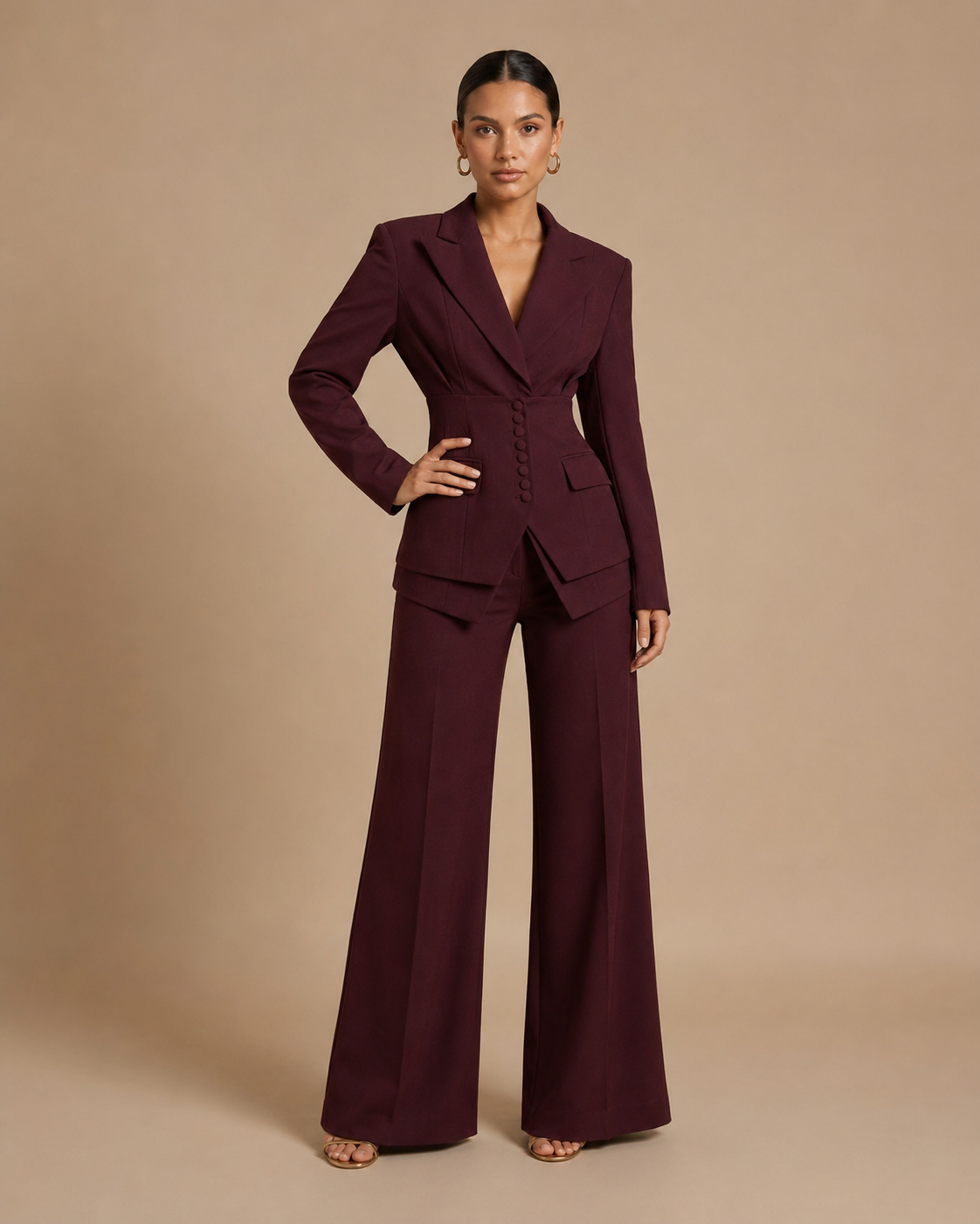 Women's Suit Set with Peaked Lapel Blazer & Wide-Leg Trousers