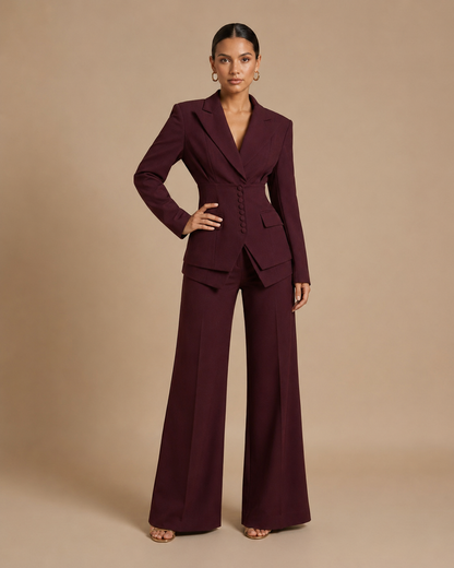 Women's Suit Set with Peaked Lapel Blazer & Wide-Leg Trousers