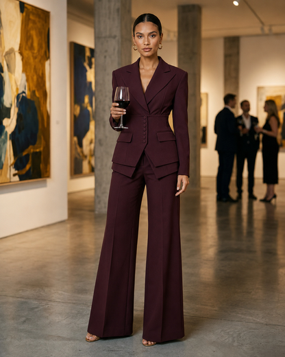 Women's Suit Set with Peaked Lapel Blazer & Wide-Leg Trousers