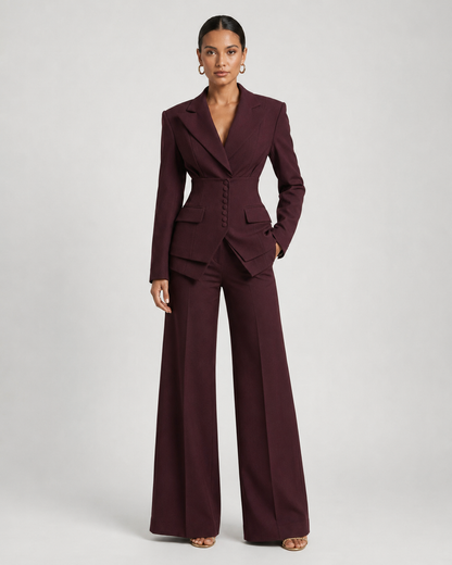 Women's Suit Set with Peaked Lapel Blazer & Wide-Leg Trousers