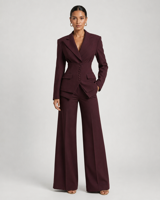 Elegant Women's Suit Set with Peaked Lapel Blazer & Wide-Leg Trousers for a Modern Look 12