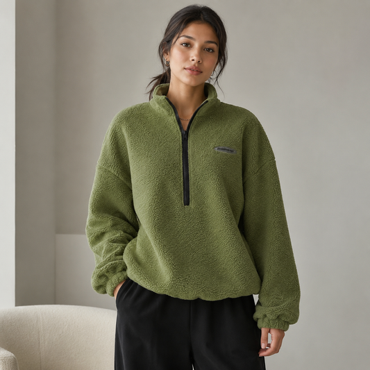 Women's Teddy Fleece Oversized Sweater – Half-Zip High Neck