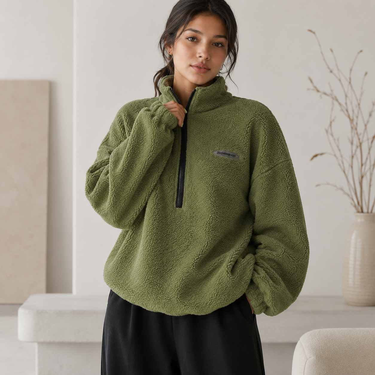 Women's Teddy Fleece Oversized Sweater – Half-Zip High Neck