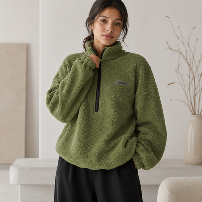 Women's Teddy Fleece Oversized Sweater – Half-Zip High Neck