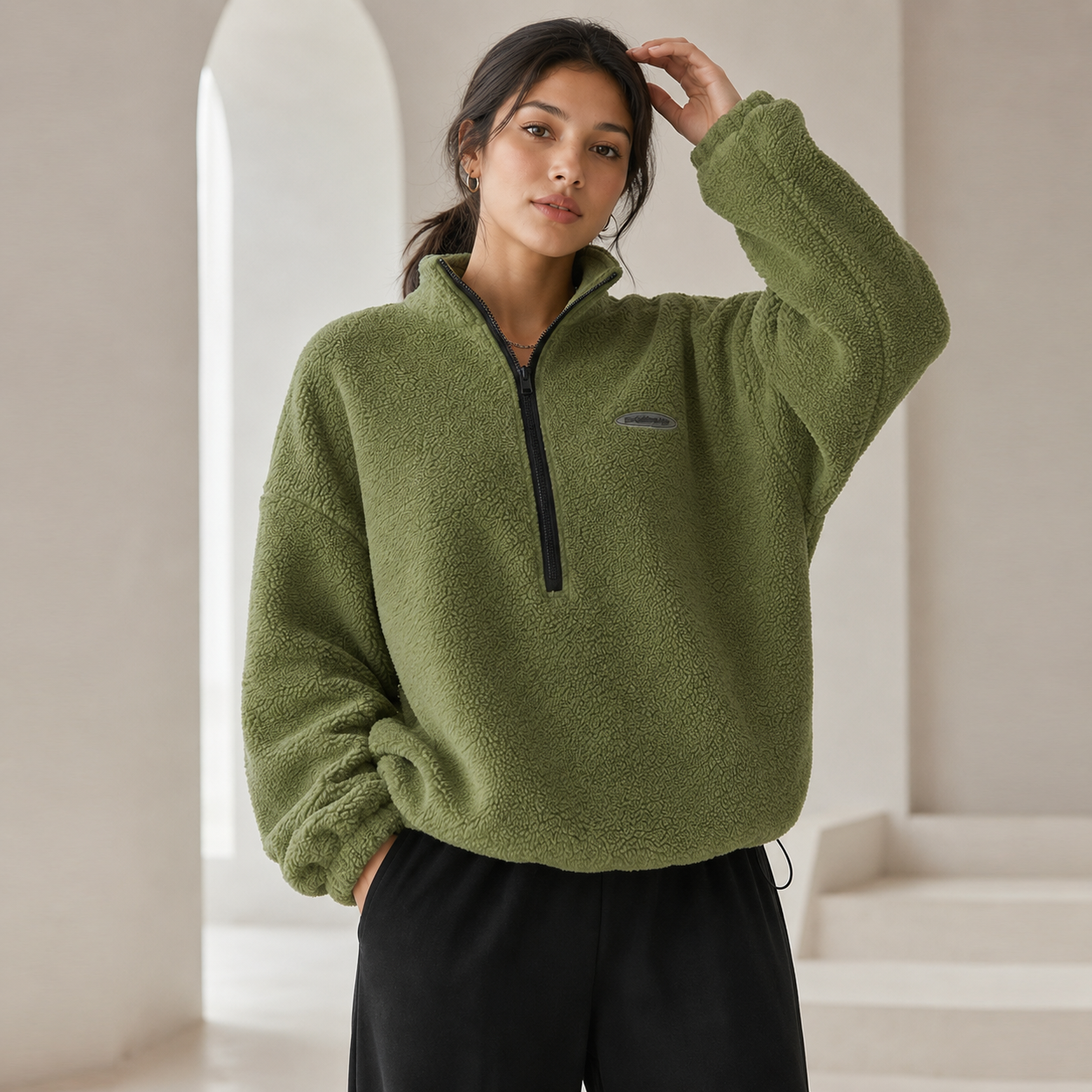 Women's Teddy Fleece Oversized Sweater – Half-Zip High Neck