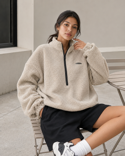 Women's Teddy Fleece Oversized Sweater – Half-Zip High Neck