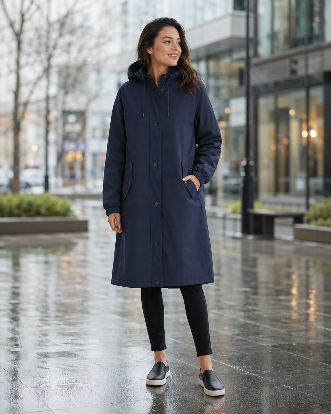 Modern Utility | Women's Long Water-Resistant Rain Jacket with Fishtail Hem | Adjustable Drawstring Hood for All-Weather Comfort 5