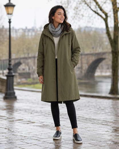 Modern Utility | Women's Long Water-Resistant Rain Jacket with Fishtail Hem | Adjustable Drawstring Hood for All-Weather Comfort 7