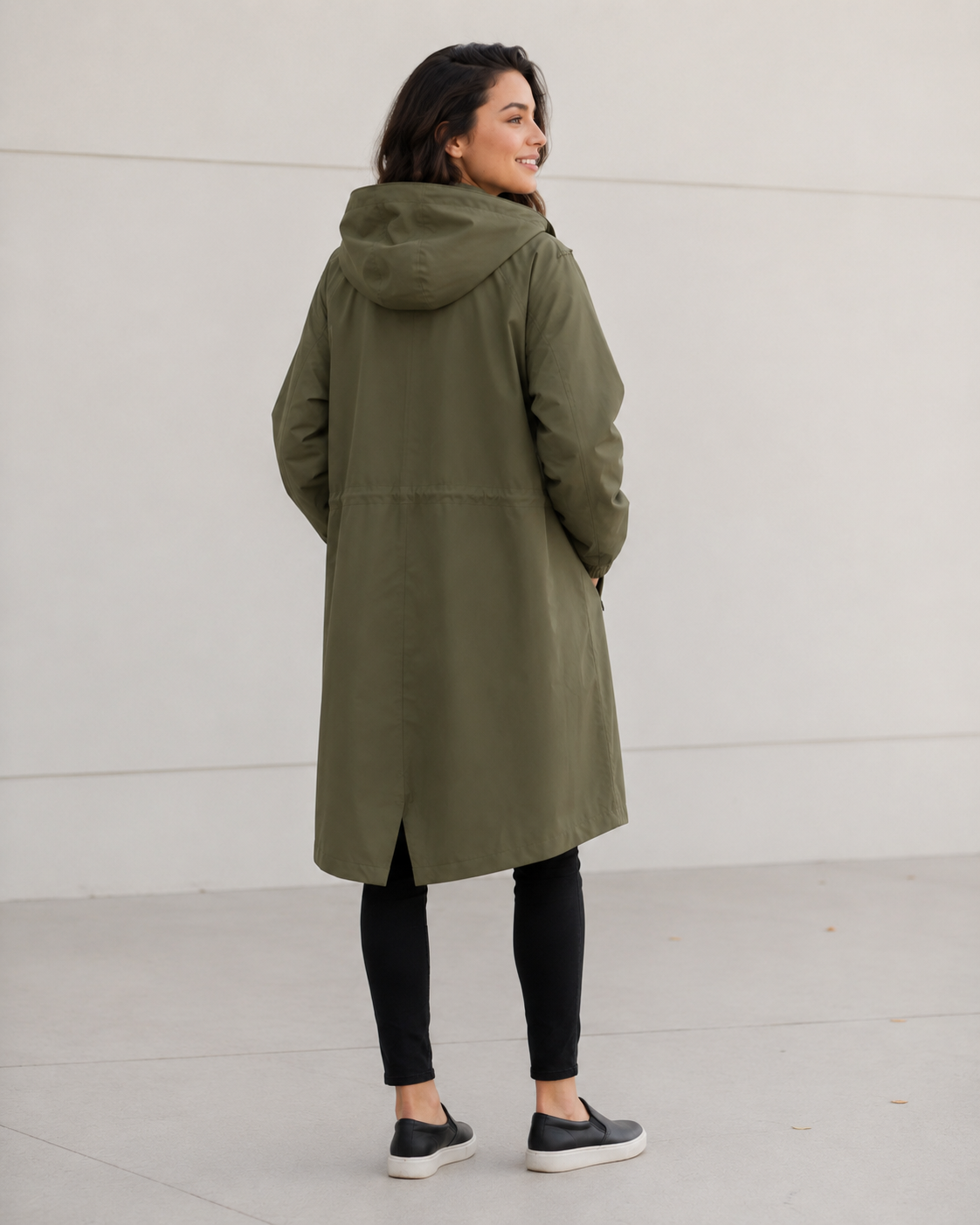 Modern Utility | Women's Long Water-Resistant Rain Jacket with Fishtail Hem | Adjustable Drawstring Hood for All-Weather Comfort 9