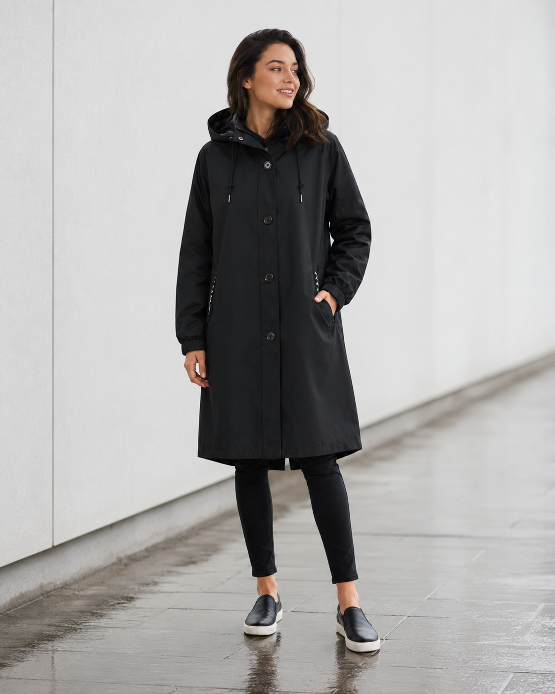 Modern Utility | Women's Long Water-Resistant Rain Jacket with Fishtail Hem | Adjustable Drawstring Hood for All-Weather Comfort 4